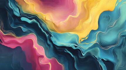 Abstract art featuring flowing, layered textures of vibrant hues and subtle golden line accents