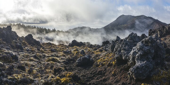 A misty, rocky landscape with moss-covered rocks and a mountain in the background, with a cloudy sky overhead.