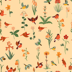 vector drawing seamless pattern with flowers, plants and birds at light orange background, floral ornament, hand drawn botanical illustration