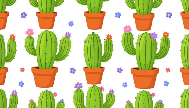 Seamless cactus pattern with vibrant flowers and terracotta pots on white background