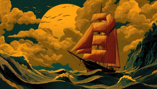 Sailing ship at night, moonlit seascape