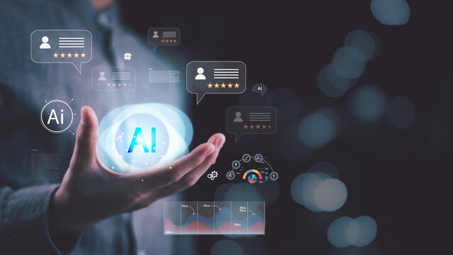 Futuristic AI technology showing human resources management, predictive analytics, digital profile evaluation, and workforce rating system for recruitment, career development, organizational growth.