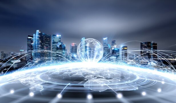Global Network Connection Over Futuristic Cityscape at Night, Representing Digital Transformation and International Business Expansion : Generative AI