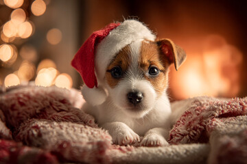 Cute dog in Santa Claus hat lying on fluffy rug at home