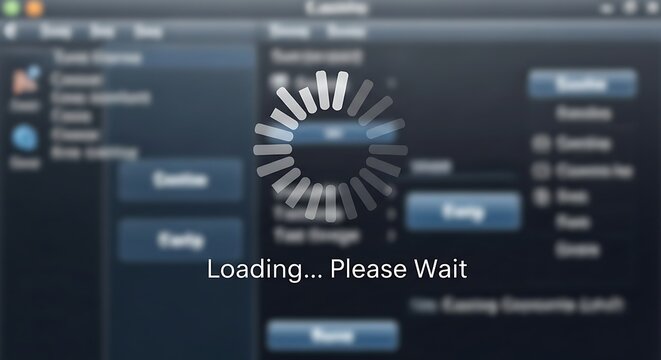 Software loading with spinning wheel and loading text, signifying progress and anticipation for a seamless user experience on application interface