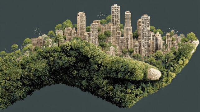 Cityscape Held in a Hand Covered in Lush Greenery, Symbolizing Environmental Stewardship and Sustainable Urban Development for Future Generations : Generative AI - Powered by Adobe