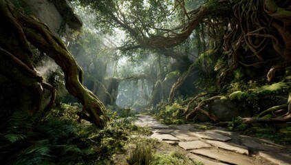 Fototapeta premium Lush Green Forest Path With Stone Bridge, Evoking Tranquility and a Sense of Exploration for Travel and Adventure Brands : Generative AI