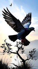 A pigeon in flight, against a sunset sky over a landscape