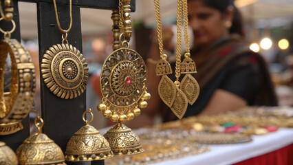 Traditional Indian jewelry showcased at street market, handmade gold ornaments and cultural craftsmanship