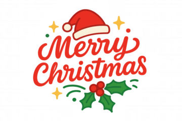 Merry christmas lettering with santa hat, holly, and festive stars, holiday season greeting illustration