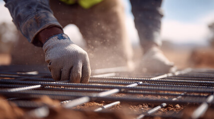 Worker tying rebar close up with gloves construction site creating detailed steel framework for concrete reinforcement dusty outdoor conditions