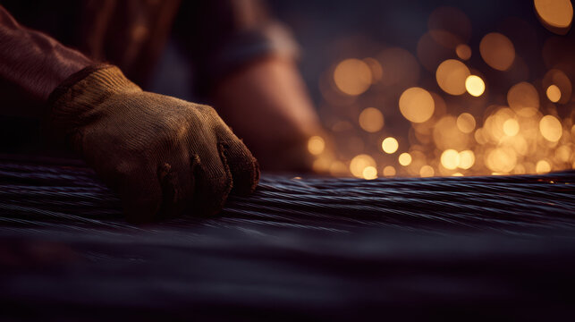 Worker wearing glove tying rebar close up with blurred glowing sparks in background creating warm atmosphere