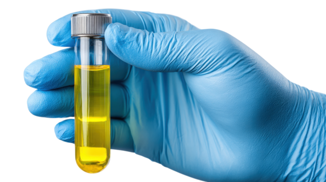 Gloved Hand Holding Test Tube with Yellow Liquid - Powered by Adobe