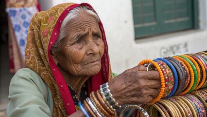 Elderly woman in traditional attire sells colorful bangles on Indian street, showcasing cultural heritage