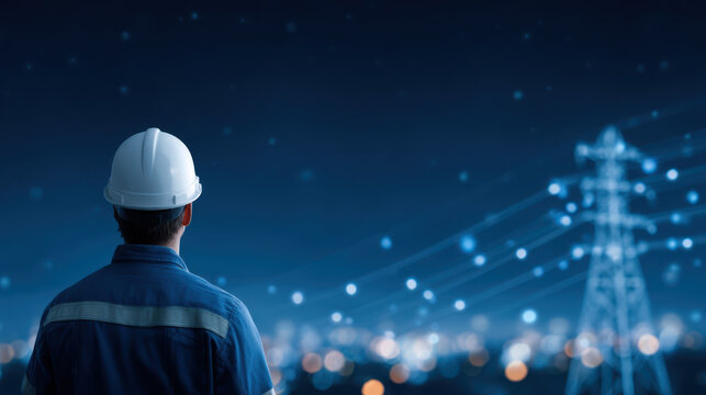 Worker wearing helmet standing close up with blurred electric tower and power line at night sky background