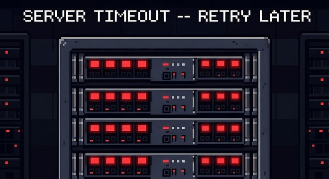 Pixel art illustration of server timeout, retry later message against rack of servers with blinking red lights in retro 8-bit style for tech concepts