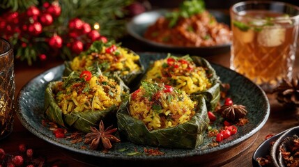 Festive Rice Dish Served in Leaf Bowls on a Plate, Representing Holiday Celebration and International Cuisine : Generative AI