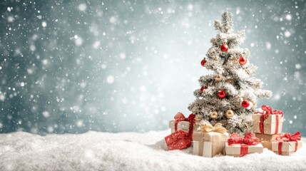 Obraz premium A beautifully decorated Christmas tree stands in a wintry landscape, surrounded by colorful wrapped gifts. Snowflakes gently fall, creating a festive atmosphere.