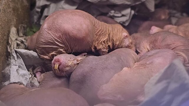 Close up view of piled up naked mole rates resting together