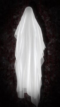 Ghost Animation on Dark Horror Background. Spooky One Phantom Figure with Eerie Blood Atmosphere. Concept of Halloween, Horror, Paranormal, Supernatural and Mystery Theme in Looping Mysterious Wall