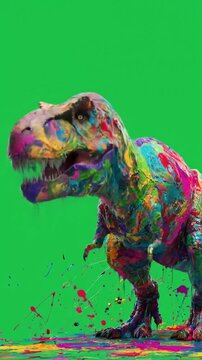 Dino sculpture in bright colors stands against neon green background with splashy paint in motion!!