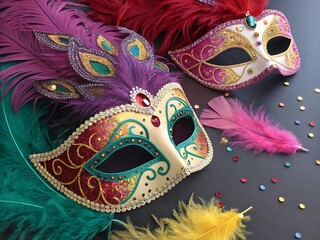 Ornate venetian masquerade masks adorned with vibrant feathers and sparkling embellishments for a festive carnival celebration