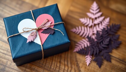 Fototapeta premium Thoughtful Gift Dark Blue Wrapped Present with Hearts and Delicate Paper Leaves on a Wooden Surface