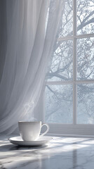Porcelain cup of hot coffee steaming on marble surface beside window with curtains