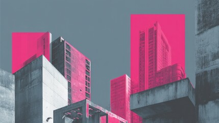 Brutalist Architecture With Pink Overlay Against Gray Sky, Illustrating Urban Development and Modern Design Concepts for Real Estate Marketing and City Planning : Generative AI