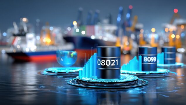 Oil Barrels With Glowing Charts at Harbor, Depicting Global Trade and Economic Forecasts for Investment Strategy and Financial Analysis in Commodities Market : Generative AI