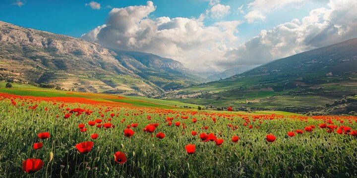 A vibrant field of red poppies with a mountainous backdrop under a partly cloudy sky
