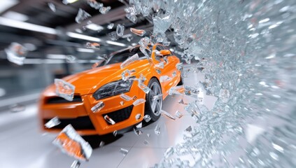 Fototapeta premium Orange Sports Car Breaking Through Glass, Representing Automotive Safety and Innovation in Transportation Technology : Generative AI