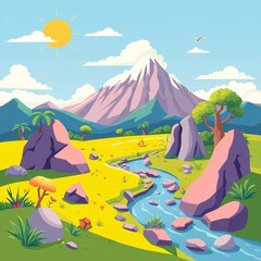 Serene Mountain Landscape: A vibrant illustration of a tranquil mountain landscape, featuring a winding river, lush greenery, and a bright sun in a whimsical, inviting art style.