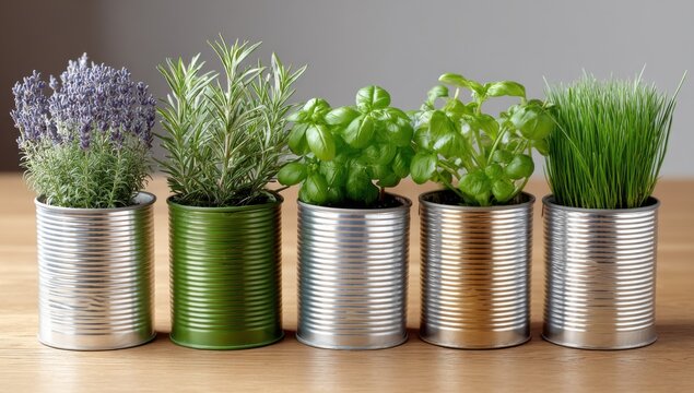 Various Herbs Growing in Recycled Cans on Wooden Table, Symbolizing Sustainability and Eco-Friendly Gardening Practices for Green Living and Environmental Awareness : Generative AI - Powered by Adobe