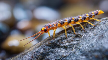 This vibrant aquatic insect moves along a smooth stone at the riverbank. Its distinctive colors and patterns shine under the natural light, adding beauty to the natural landscape.
