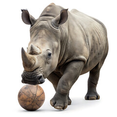Obraz premium A rhinoceros standing with a basketball on a white background in a studio environment looking at it