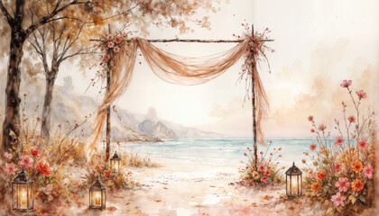 Romantic Beach Wedding Scene - A dreamy watercolour illustration of a seaside wedding arch framed by trees and blooming autumn flowers, soft drapery, and warm lantern light.