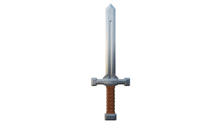 A silver sword with a brown handle on a black background