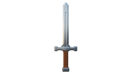 A silver sword with a brown handle on a black background