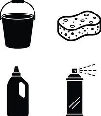 Obraz premium Cleaning Supplies Icons with Bucket, Sponge, Bottle, and Spray