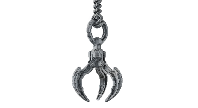 A voxel art claw mechanism with a rope