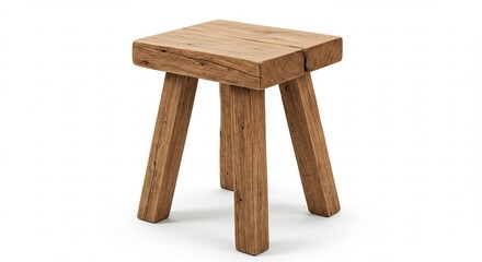 Rustic Wooden Stool with Three Legs on White Background.