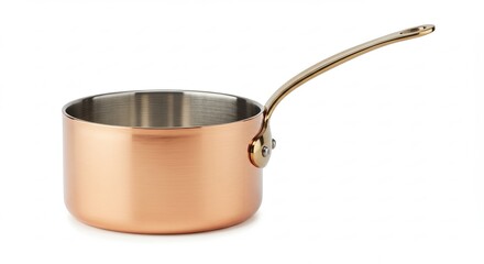 Shiny Copper Saucepan with Long Handle Isolated on White Background.