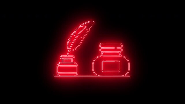 Illuminated Neon Icon Inkwell and Quill, a Writer's Essential Tools