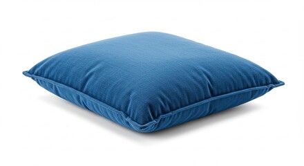 A single plush blue square cushion isolated on a white background.