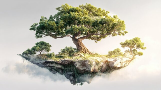 Majestic Tree Growing on Floating Island in the Sky, Symbolizing Environmental Awareness and Sustainable Future, Ideal for Ecology and Conservation Projects : Generative AI