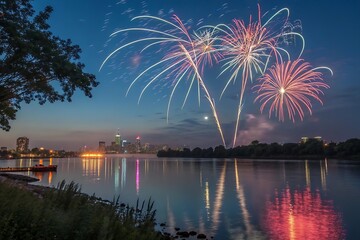 Spectacular fourth of july fireworks illuminate the twilight sky reflecting vibrantly on the calm river surface