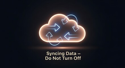 Dynamic cloud icon pulses with glowing arrows symbolizing seamless data synchronization and connectivity for modern technology solutions