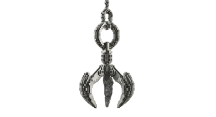 Pixelated mechanical object with red gem on black background