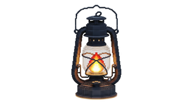 Pixelated lantern with a glowing flame